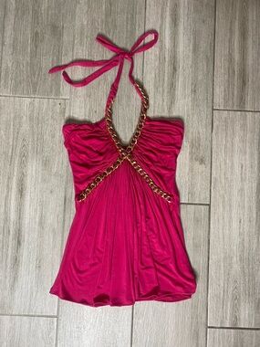 Y2K Sky Hot Pink Halter Top Gold Chain Detail Large